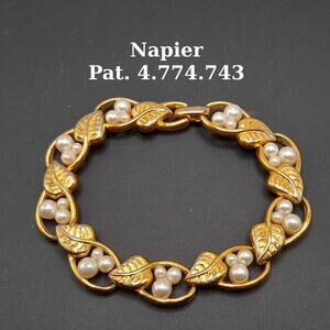 Vintage Napier 1980s Faux Pearl Leaves Gold Tone Bracelet, Pat. #4.774.743